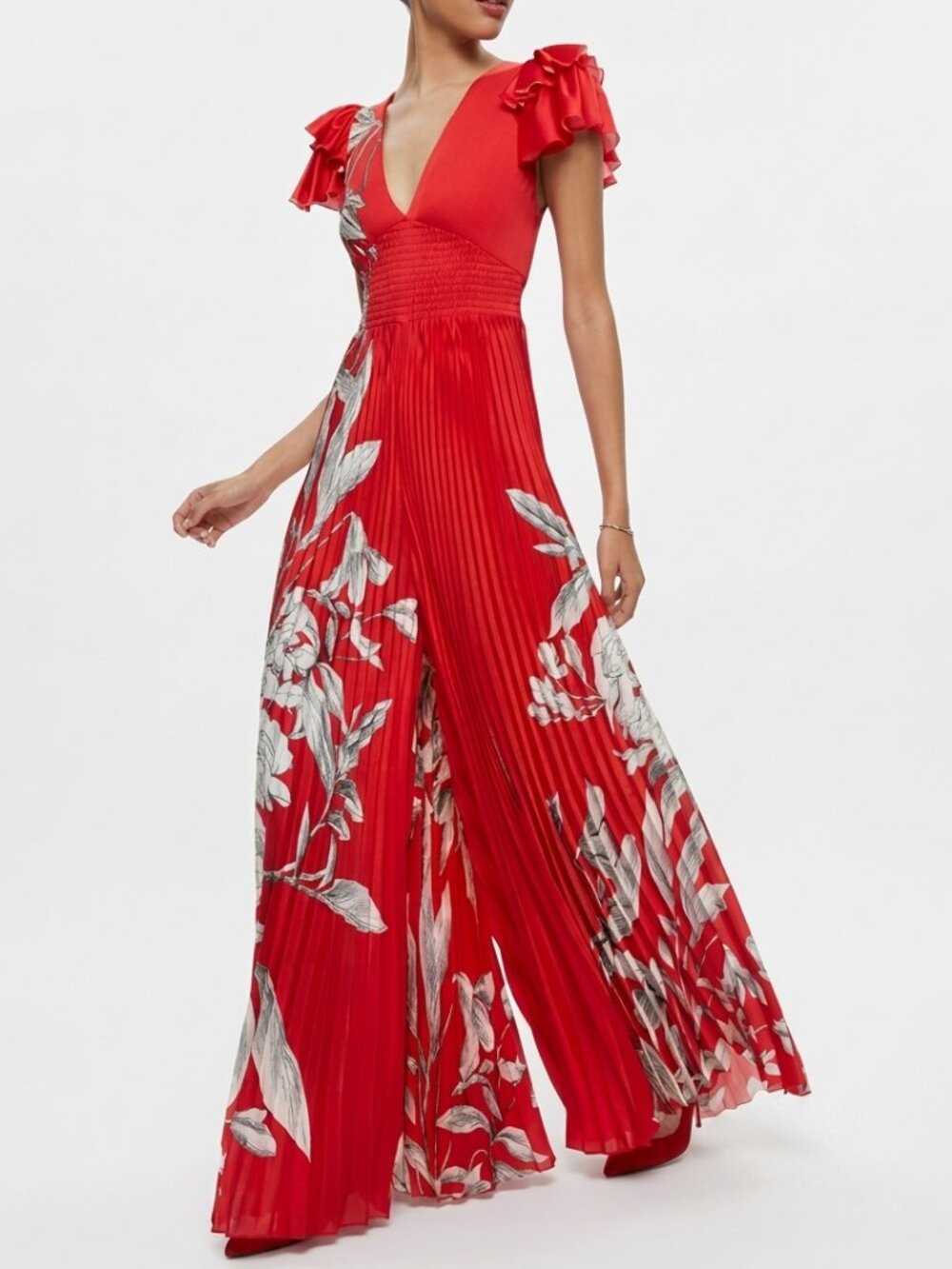 NWT Alice + Olivia Bennet Jumpsuit Red Pleated Wide Leg Floral Cap Sleeve Size 8